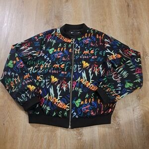Zeagoo Graffiti Print Black Bomber Jacket Zipper Pockets Women's Size Small